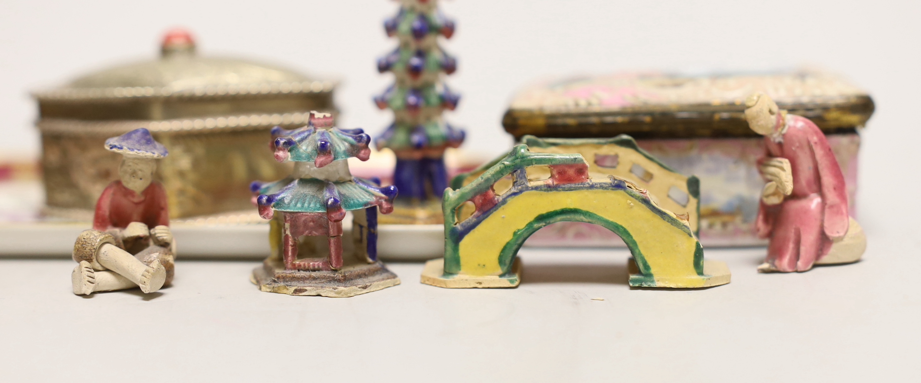 A 19th century enamel box, a Limoges pin tray and two miniature plates etc